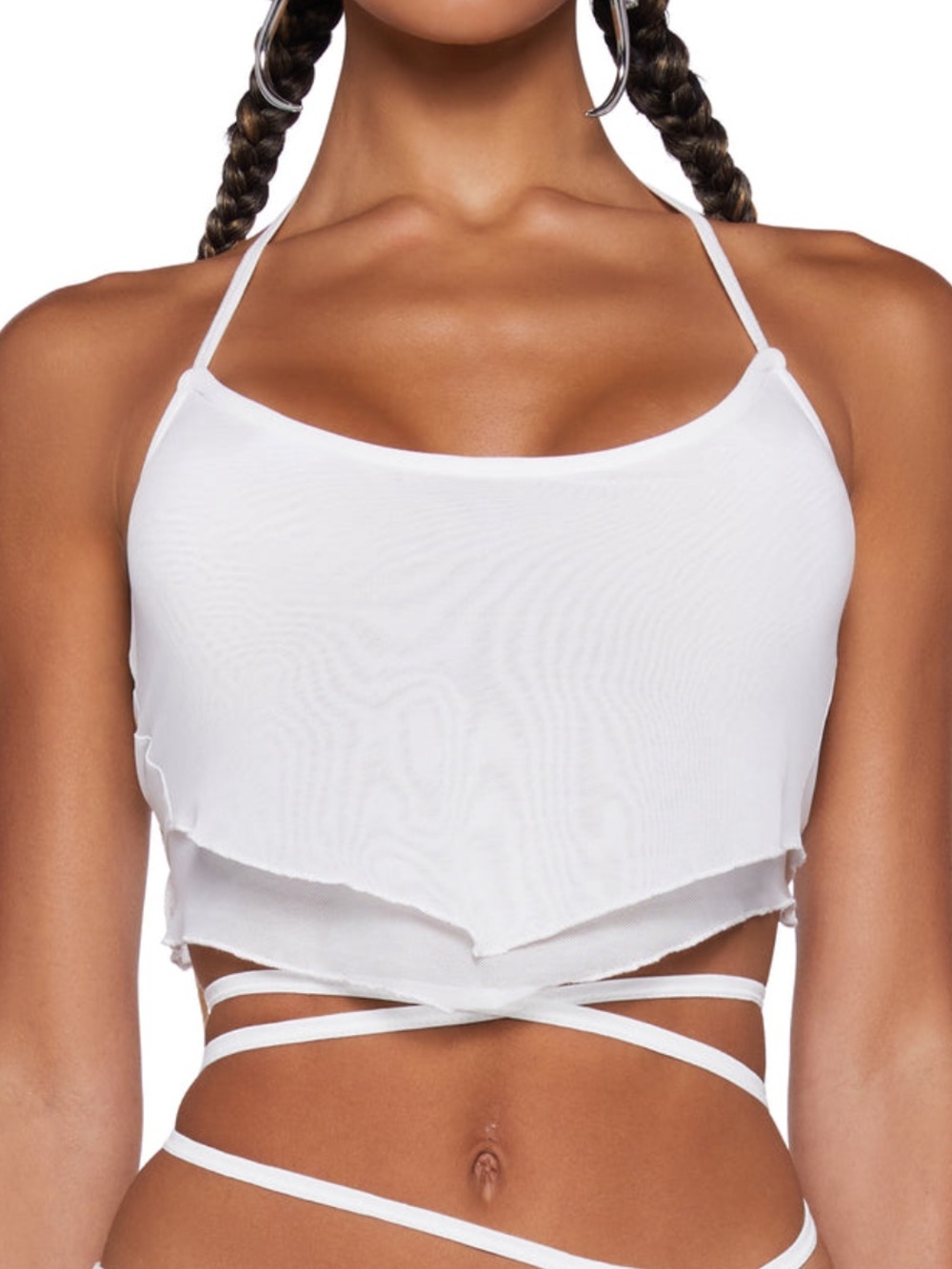 Mesh See Through Layered Halter Crop Top in White